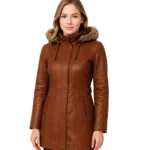 Women Brown Leather Coat With Fur Trim Removable Hood