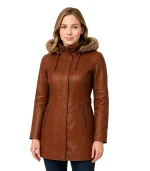 Women Brown Leather Coat With Fur Trim Removable Hood