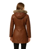 Women Brown Leather Coat With Fur Trim Removable Hood