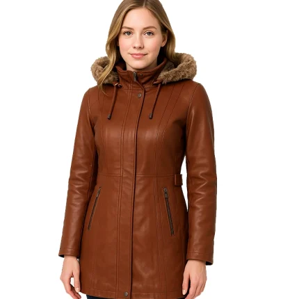 Women Brown Leather Coat With Fur Trim Removable Hood