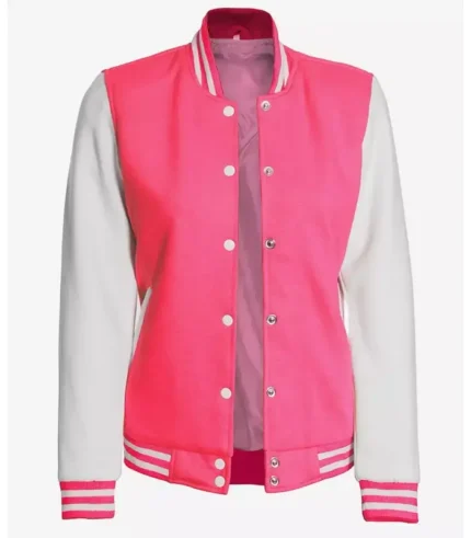 Women's Pink and White Varsity Baseball Jacket - Bomber Style Front