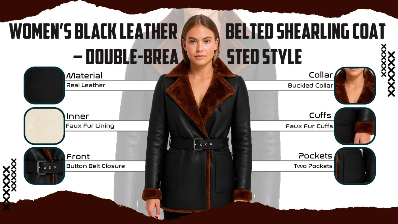 Women’s Black Leather Belted Shearling Coat