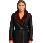 Women’s Black Leather Belted Shearling Coat – Double-Breasted Style