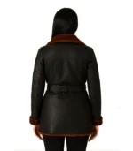Women’s Black Leather Belted Shearling Coat – Double-Breasted Style