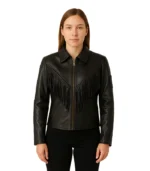 Womens Black Leather Fringe Jacket