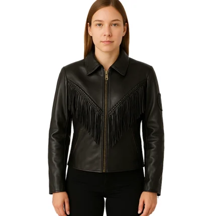 Womens Black Leather Fringe Jacket