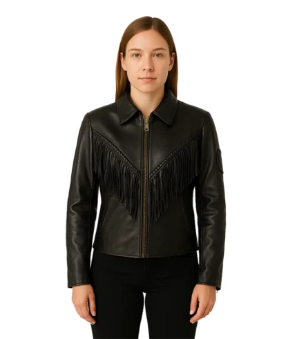 Womens Black Leather Fringe Jacket f