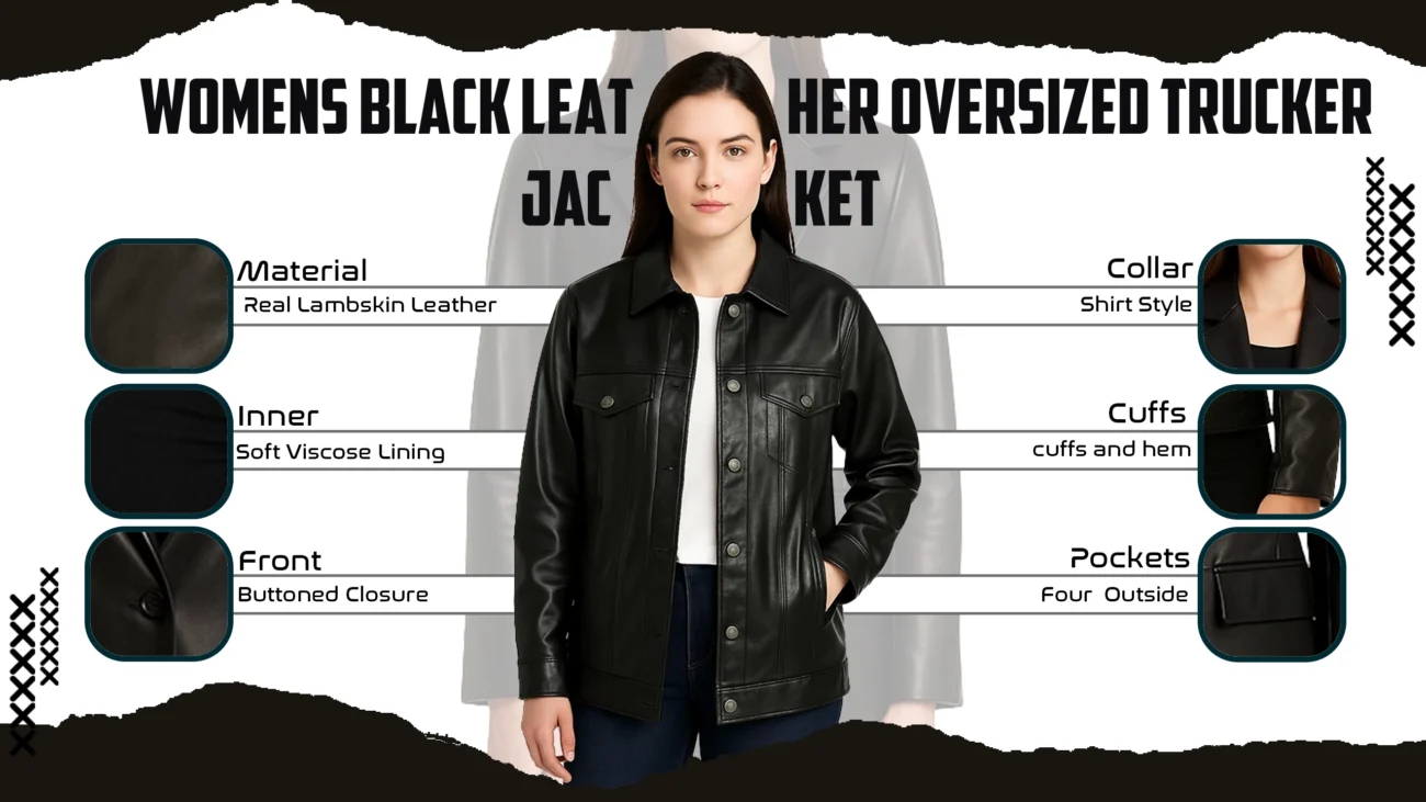 Womens Black Leather Oversized Trucker Jacket