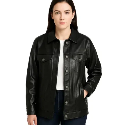 Womens Black Leather Oversized Trucker Jacket