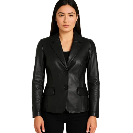 Black Two-Button Leather Blazer Jacket