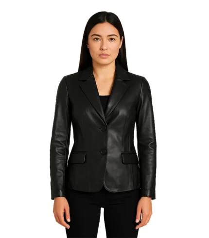 Black Two-Button Leather Blazer Jacket
