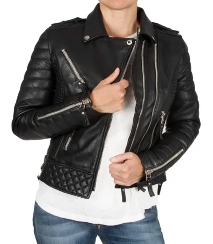 Womens Boda Style Quilted Leather Biker Jacket Black Front