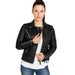 Womens Boda Style Quilted Leather Biker Jacket Black