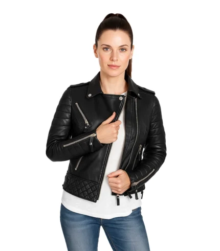 Womens Boda Style Quilted Leather Biker Jacket Black