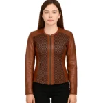 Womens Brown Textured Leather Biker Jacket