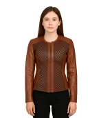 Womens Brown Textured Leather Biker Jacket
