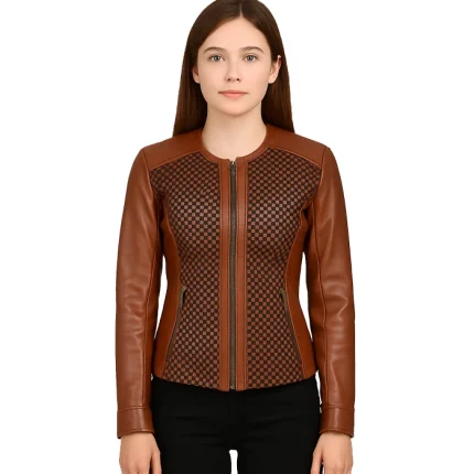 Womens Brown Textured Leather Biker Jacket