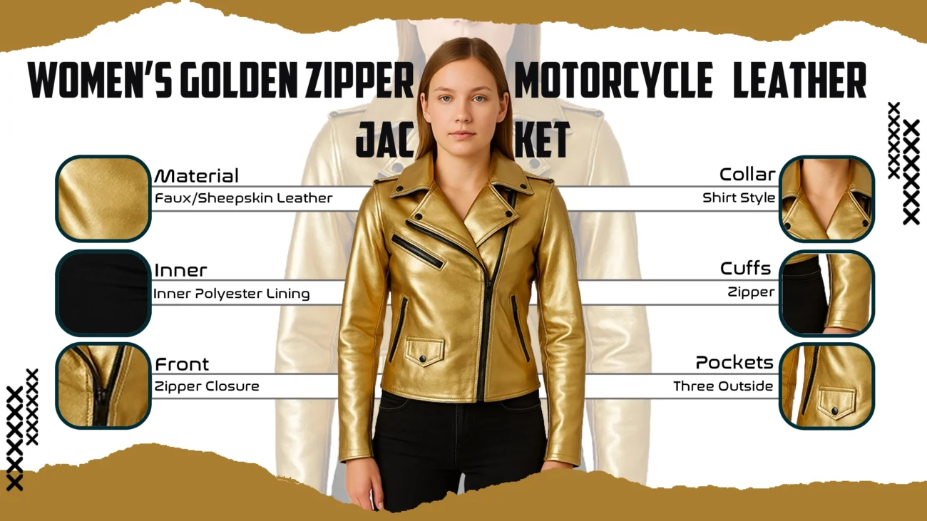 Women’s Golden Zipper Motorcycle Leather Jacket