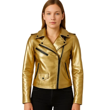Women’s Golden Zipper Motorcycle Leather Jacket