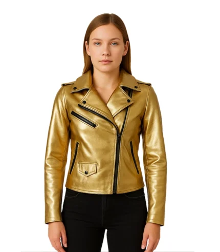 Women’s Golden Zipper Motorcycle Leather Jacket f