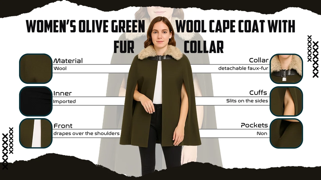 Women’s Olive Green Wool Cape Coat with Fur Collar