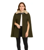 Women’s Olive Green Wool Cape Coat with Fur Collar