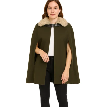 Women’s Olive Green Wool Cape Coat with Fur Collar