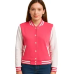 Women’s Pink and White Varsity Baseball Jacket – Bomber Style