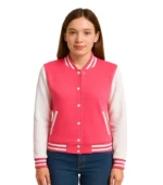 Women’s Pink and White Varsity Baseball Jacket – Bomber Style
