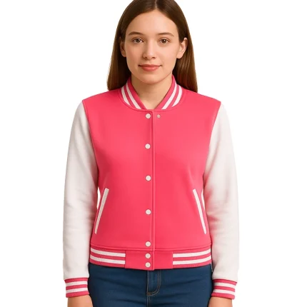 Women’s Pink and White Varsity Baseball Jacket – Bomber Style