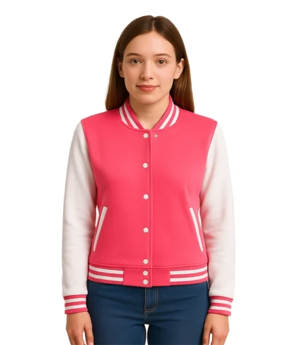Women’s Pink and White Varsity Baseball Jacket – Bomber Style