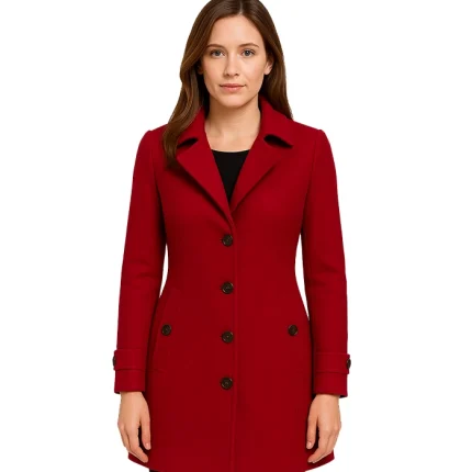 Women's Single Breasted Red Wool Coat - 3/4 Length