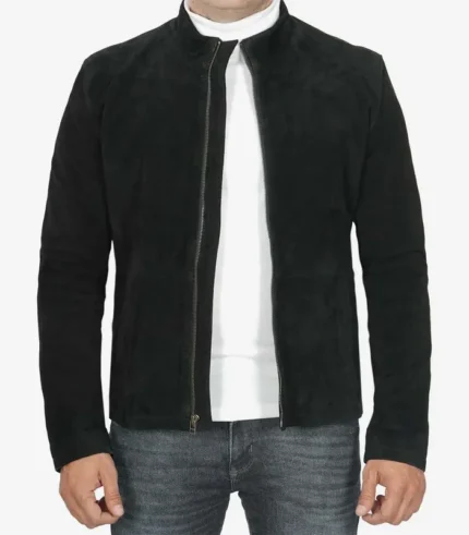 Men's Classic Black Suede Biker Style Jacket Front