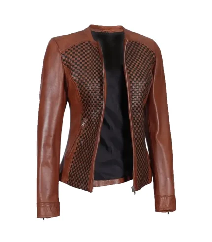 Womens Brown Textured Leather Biker Jacket Front