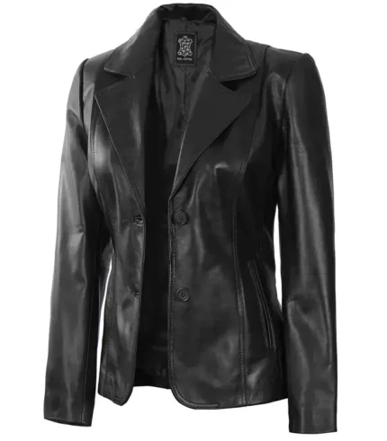 Women's Black Two-Button Leather Blazer Jacket