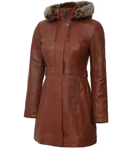 Women Brown Leather Coat With Fur Trim Removable Hood Front
