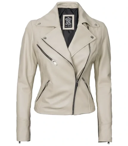 Ninfa Women Moto Style Beige Real Leather Jacket Front