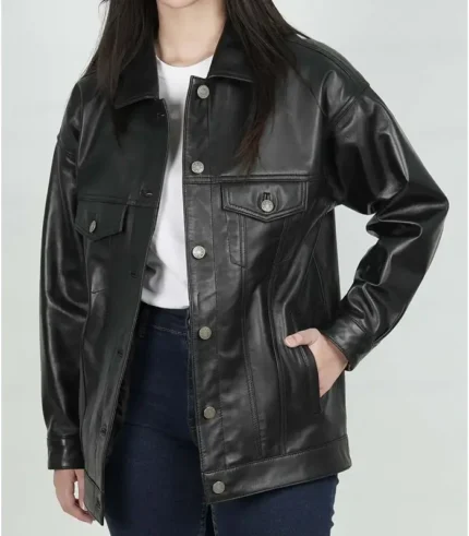 Womens Black Leather Oversized Trucker Jacket front