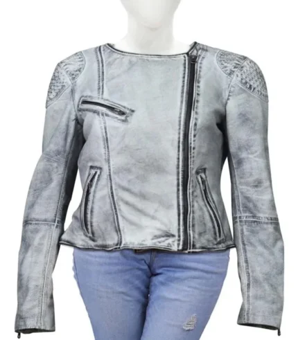 Ice White Quilted Shoulder Leather Jacket For Women