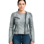 Ice White Quilted Shoulder Leather Jacket For Women