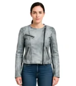 Ice White Quilted Shoulder Leather Jacket For Women