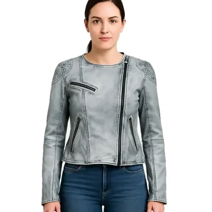 Ice White Quilted Shoulder Leather Jacket For Women