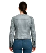 Ice White Quilted Shoulder Leather Jacket For Women