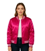 A young woman wearing a sleek satin varsity jacket with striped rib-knitted cuffs, collar, and hem.