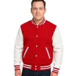 Red Varsity Jacket With White Leather Sleeves