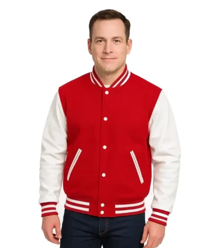 Red Varsity Jacket With White Leather Sleeves