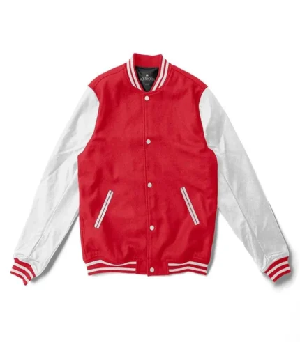 Red Varsity Jacket With White Leather Sleeves