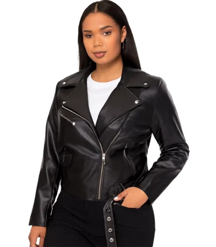 Black Zip Detail Faux Leather Biker Jacket Plus Size