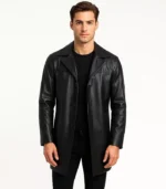 A premium Braunton men’s black leather car coat featuring a sophisticated mid-length cut, button-down front, and classic lapel collar.