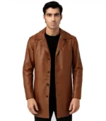 A men’s Classmith leather coat in a rich chestnut brown, featuring a mid-length hem, notched lapels, and a classic button-front closure.